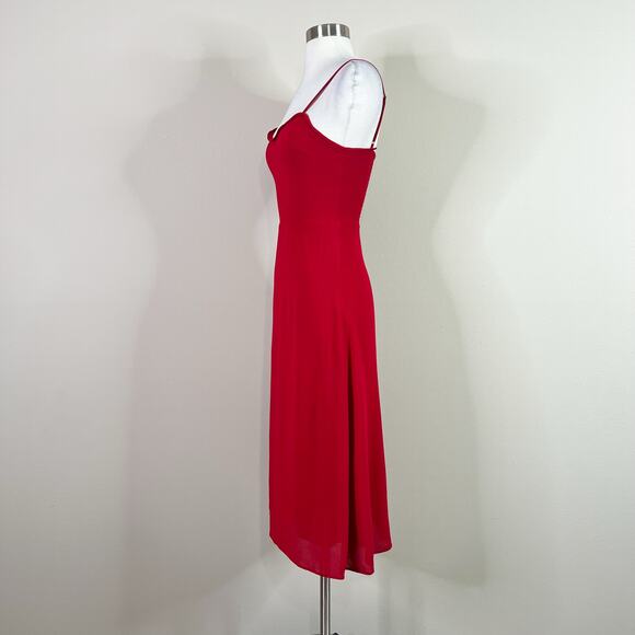 Reformation | Cherry Red A-Line Simple Cocktail Slit Designer Midi Dress 4 - Picture 8 of 9